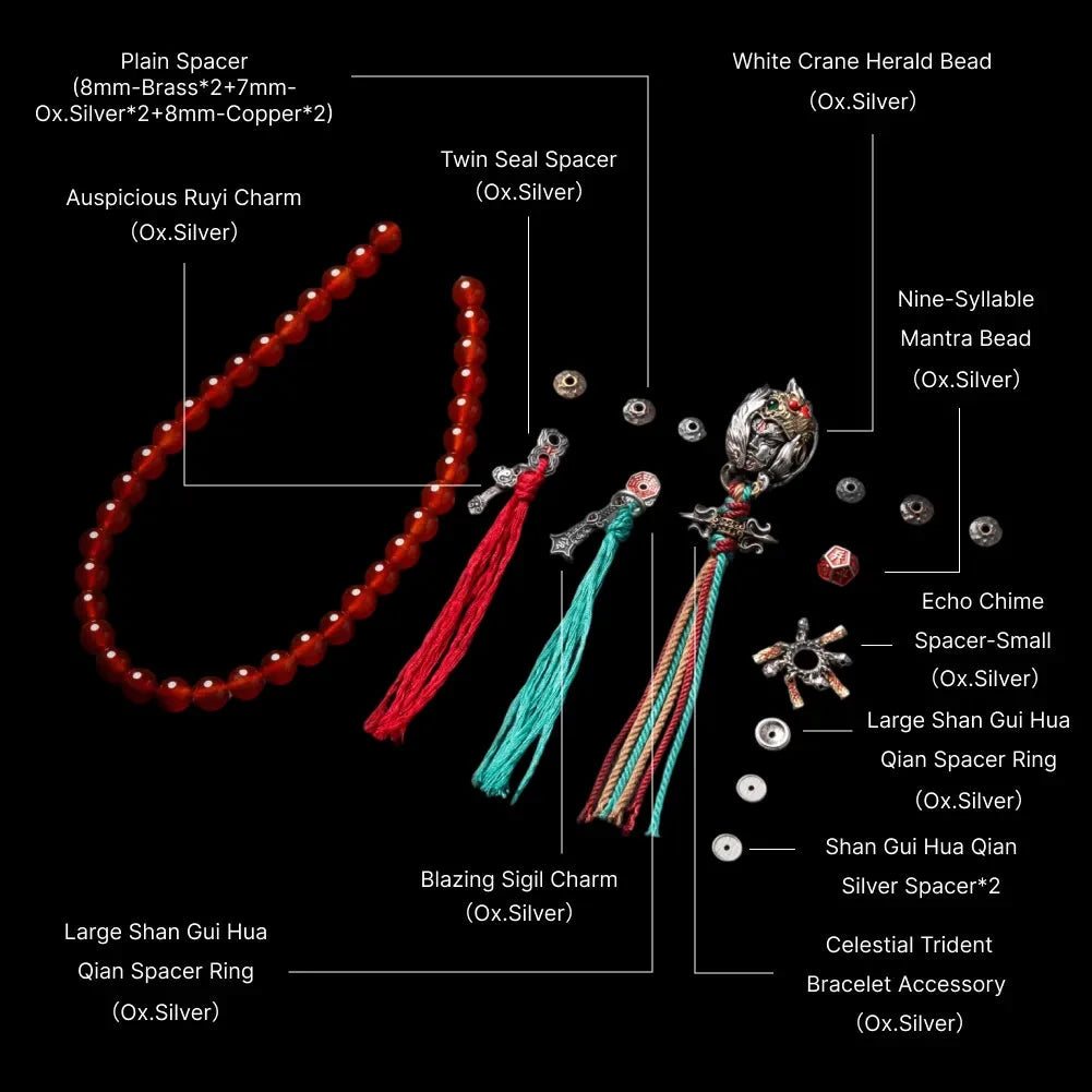 White Crane Herald Bead in Oxidized Silver, Brass, Cinnabar — With Ruyi & Ritual Spacer Set