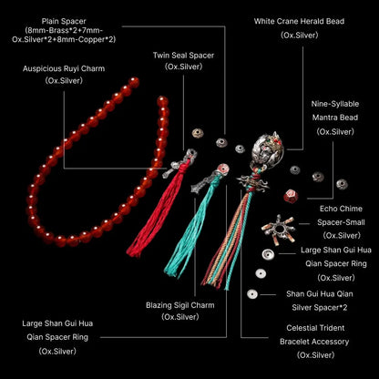 White Crane Herald Bead in Oxidized Silver, Brass, Cinnabar — With Ruyi & Ritual Spacer Set