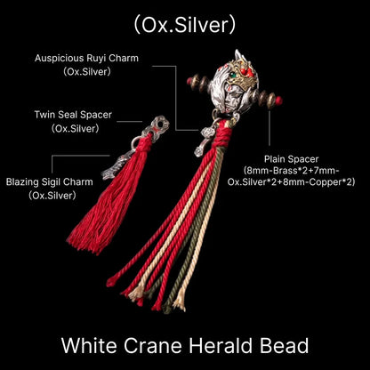 White Crane Herald Bead in Oxidized Silver, Brass, Cinnabar — With Ruyi, Twin Seal & Crane Tassels