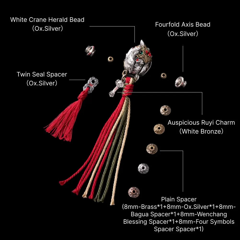 White Crane Herald Bead in Oxidized Silver, Brass, Cinnabar — With Ruyi & Twin Seal Tassel D