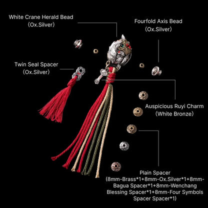 White Crane Herald Bead in Oxidized Silver, Brass, Cinnabar — With Ruyi & Twin Seal Tassel D