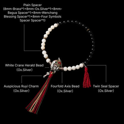 White Crane Herald Bead in Oxidized Silver, Brass, Cinnabar — With White Bodhi & Ebony Bracelet B