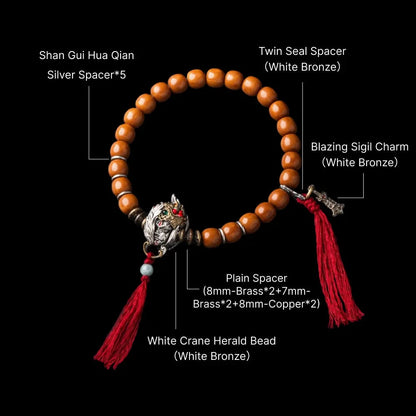 White Crane Herald Bead in White Bronze, Brass, Cinnabar — With Cypress Handheld Bracelet A