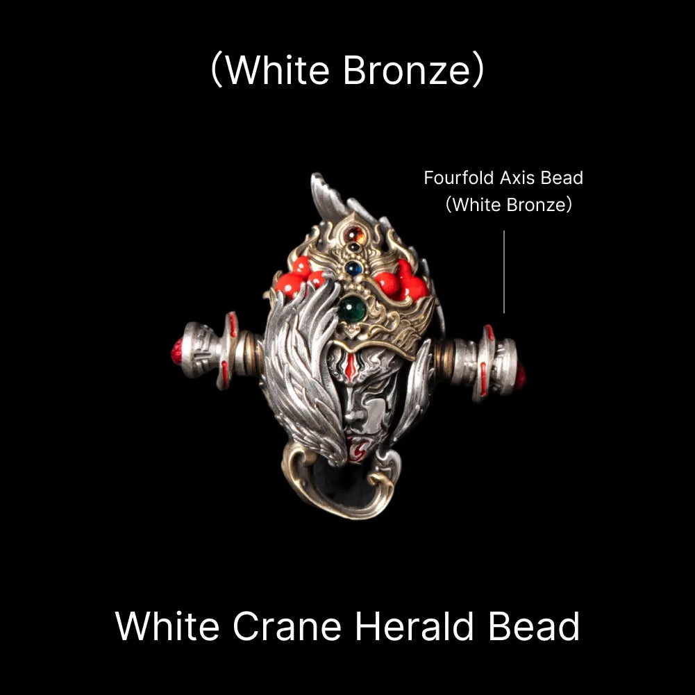 White Crane Herald Bead in White Bronze, Brass, Cinnabar — With Daoist Fourfold Axis Bead & Spacers