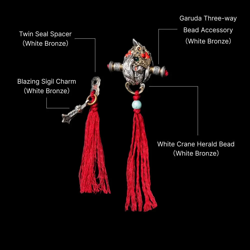 White Crane Herald Bead in White Bronze, Brass, Cinnabar — With Garuda & Twin Seal Tassels