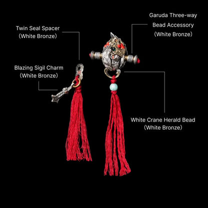 White Crane Herald Bead in White Bronze, Brass, Cinnabar — With Garuda & Twin Seal Tassels