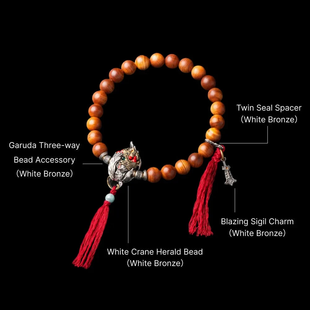 White Crane Herald Bead in White Bronze, Brass, Cinnabar — With Monkey Head Handheld Bracelet B