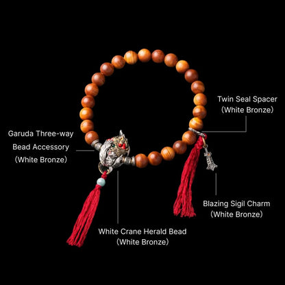 White Crane Herald Bead in White Bronze, Brass, Cinnabar — With Monkey Head Handheld Bracelet B
