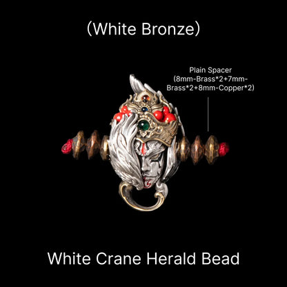 White Crane Herald Bead in White Bronze, Brass, Cinnabar — With Plain Spacers