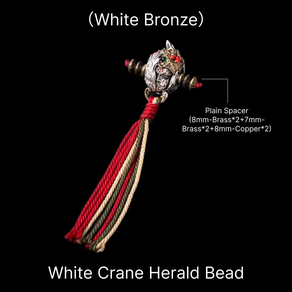 White Crane Herald Bead in White Bronze, Brass, Cinnabar — With Plain Spacers & Crane Tassel B