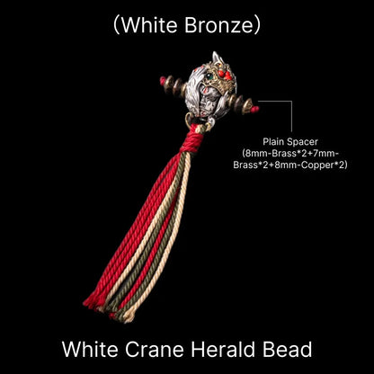 White Crane Herald Bead in White Bronze, Brass, Cinnabar — With Plain Spacers & Crane Tassel B