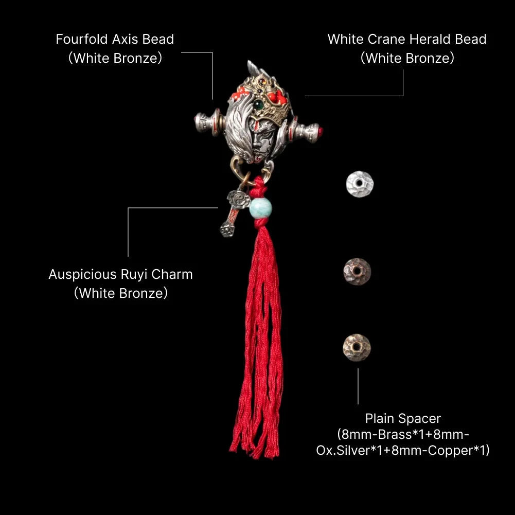 White Crane Herald Bead in White Bronze, Brass, Cinnabar — With Ruyi & Crane Tassel A