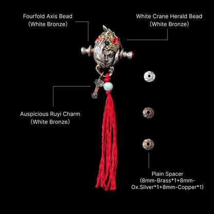 White Crane Herald Bead in White Bronze, Brass, Cinnabar — With Ruyi & Crane Tassel A