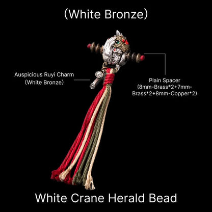 White Crane Herald Bead in White Bronze, Brass, Cinnabar — With Ruyi & Crane Tassel C
