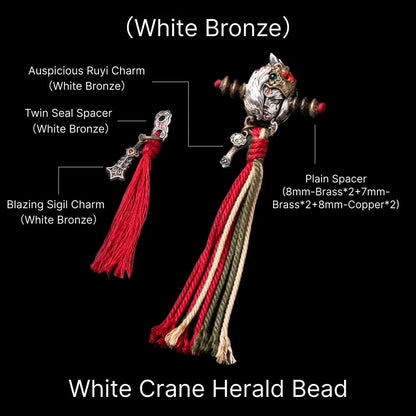 White Crane Herald Bead in White Bronze, Brass, Cinnabar — With Ruyi, Twin Seal & Crane Tassels