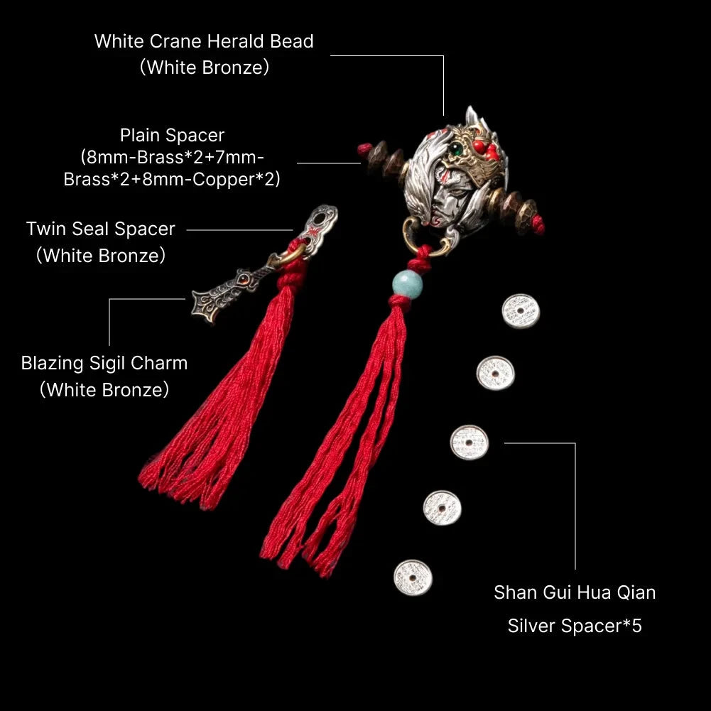 White Crane Herald Bead in White Bronze, Brass, Cinnabar — With Spacers & Blazing Sigil Tassel