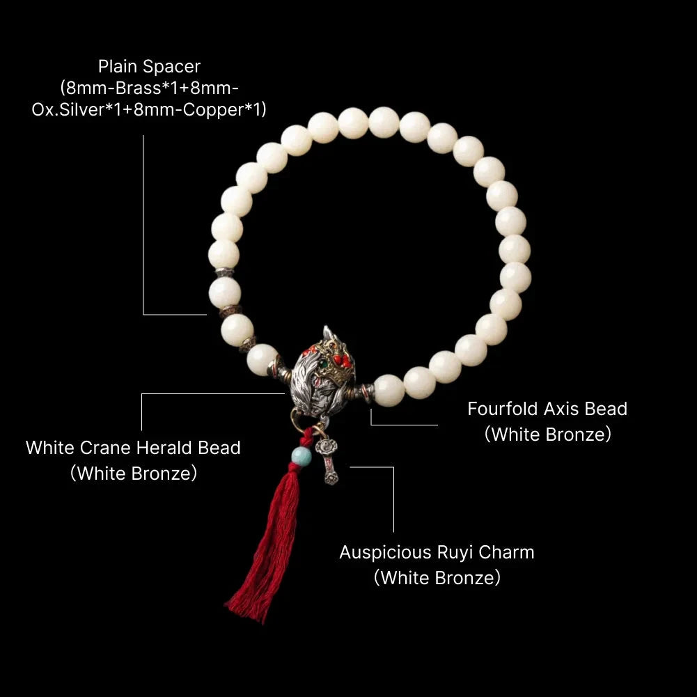 White Crane Herald Bead in White Bronze, Brass, Cinnabar — With White Bodhi Handheld Bracelet C