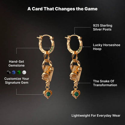 Gold-tone Wild Card Earrings design graphic showing snake charms, horseshoe hoops and four gemstone color options: black, blue, green and white