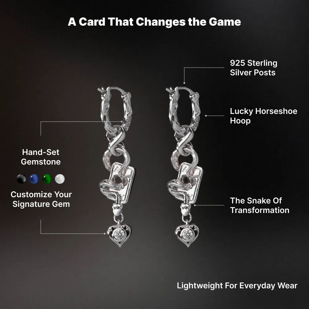 Silver-tone Wild Card Earrings design graphic showing snake charms, horseshoe hoops and four gemstone color options: black, blue, green and white