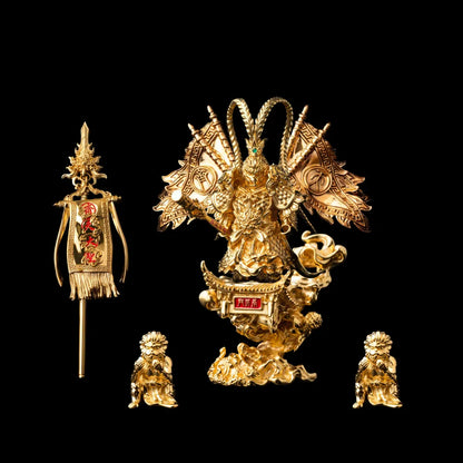 Wukong proposed complete display with figure, staff, banners, two monkey companions and Qitian Base