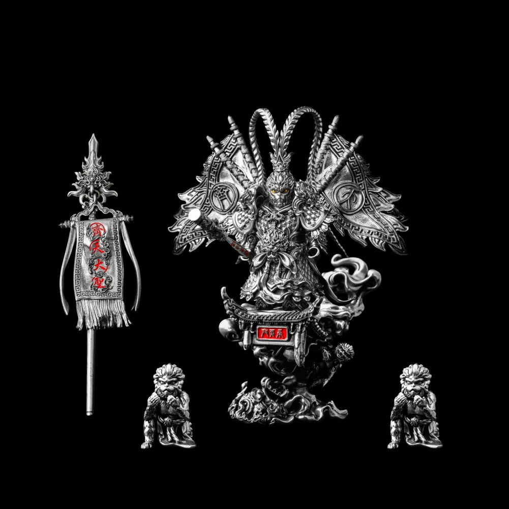 Wukong proposed complete display with figure, staff, banners, two monkey companions and Qitian Base