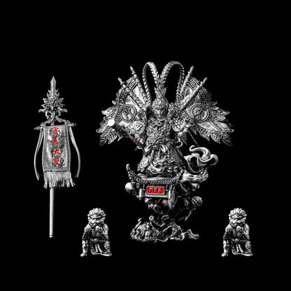 Wukong proposed complete display with figure, staff, banners, two monkey companions and Qitian Base