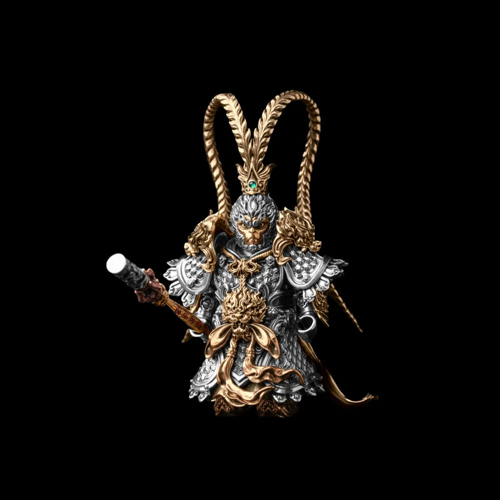 Wukong with Ruyi Jingu Bang in white bronze brass copper and cinnabar