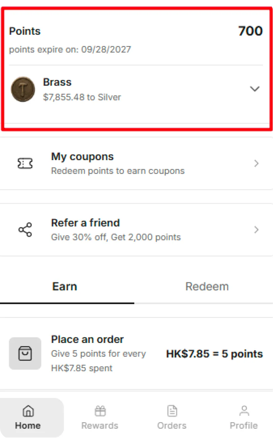 Example Reward panel showing points, VIP tier, coupons, referral options, and the Earn tab