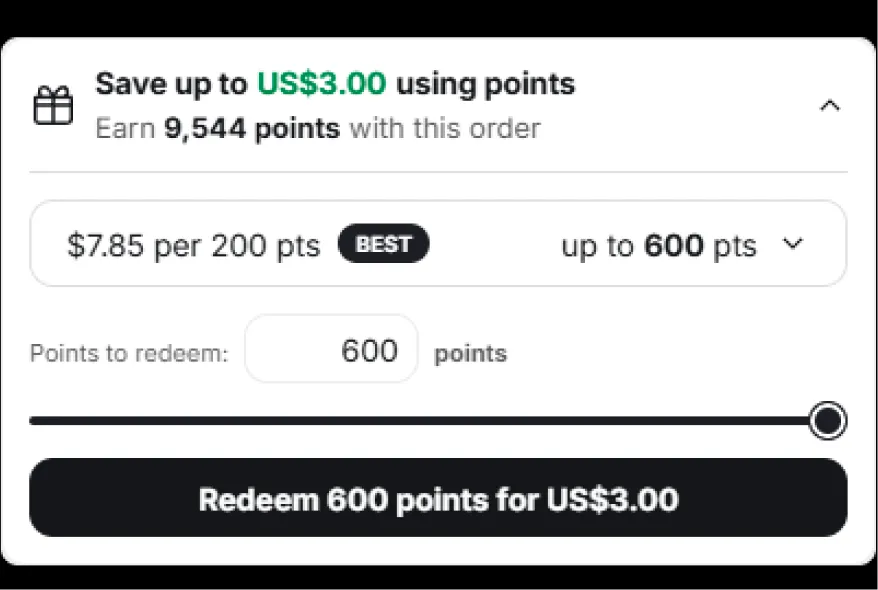 Example cart points input, slider, and Redeem button with 600 points selected
