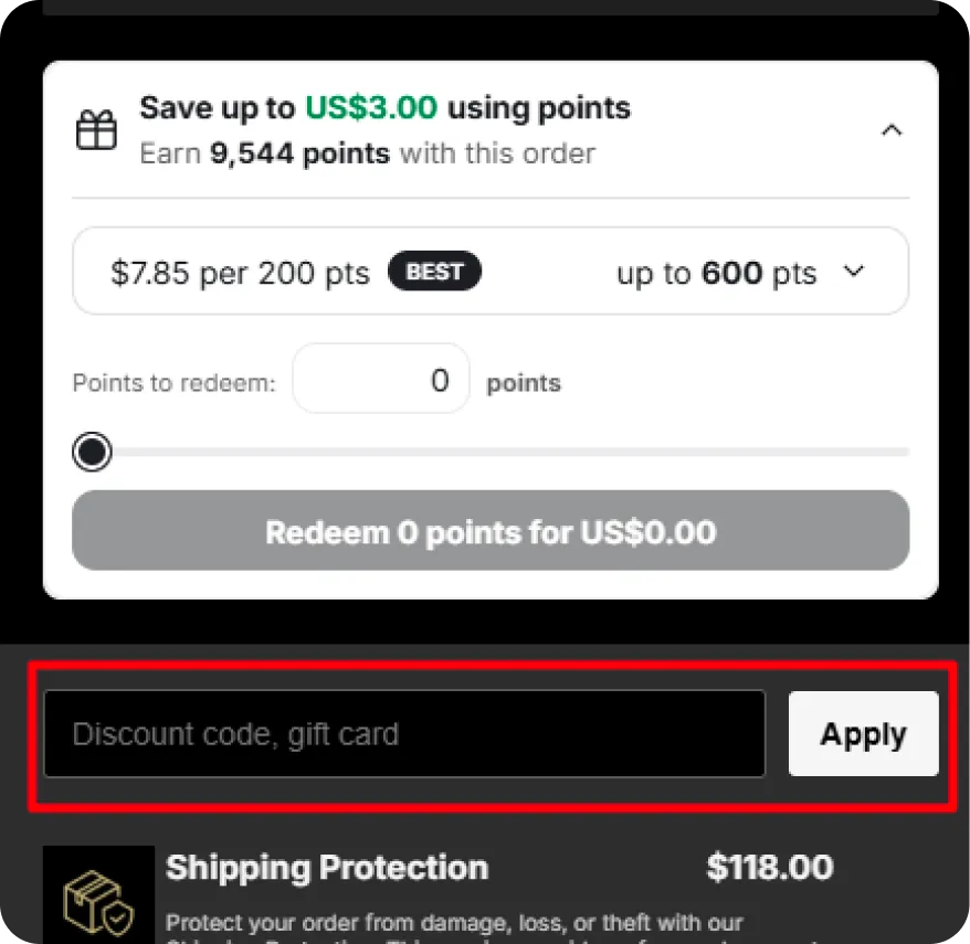 Example cart with the Discount code, gift card field and Apply button highlighted